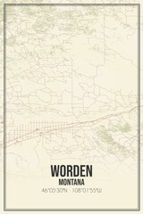 Retro US city map of Worden, Montana. Vintage street map.