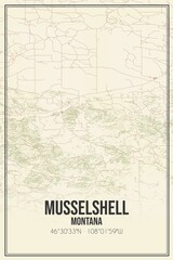 Retro US city map of Musselshell, Montana. Vintage street map.