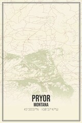 Retro US city map of Pryor, Montana. Vintage street map.