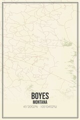 Retro US city map of Boyes, Montana. Vintage street map.