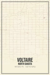 Retro US city map of Voltaire, North Dakota. Vintage street map.