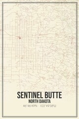 Retro US city map of Sentinel Butte, North Dakota. Vintage street map.