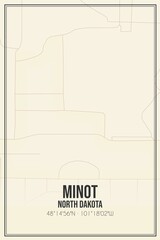 Retro US city map of Minot, North Dakota. Vintage street map.