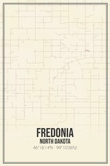 Retro US city map of Fredonia, North Dakota. Vintage street map.