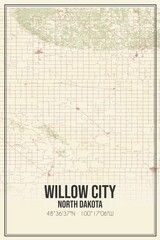 Retro US city map of Willow City, North Dakota. Vintage street map.