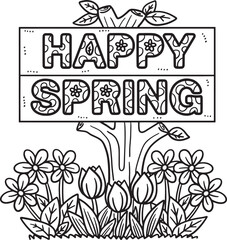 Happy Spring Banner Isolated Coloring Page