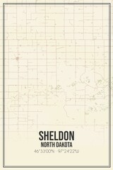 Retro US city map of Sheldon, North Dakota. Vintage street map.