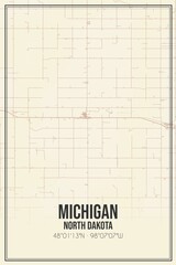 Retro US city map of Michigan, North Dakota. Vintage street map.
