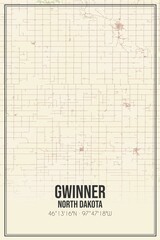 Retro US city map of Gwinner, North Dakota. Vintage street map.