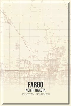 Retro US City Map Of Fargo, North Dakota. Vintage Street Map.