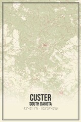 Retro US city map of Custer, South Dakota. Vintage street map.