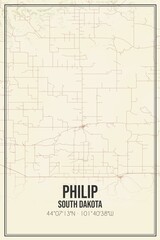 Retro US city map of Philip, South Dakota. Vintage street map.