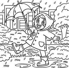 Spring Girl Enjoying The Rain Coloring Page 