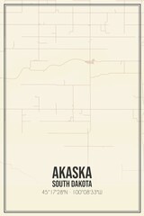 Retro US city map of Akaska, South Dakota. Vintage street map.
