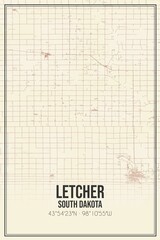 Retro US city map of Letcher, South Dakota. Vintage street map.