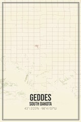 Retro US city map of Geddes, South Dakota. Vintage street map.