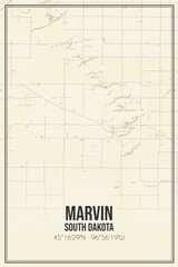 Retro US city map of Marvin, South Dakota. Vintage street map.
