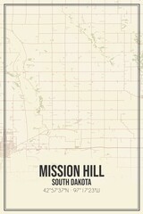 Retro US city map of Mission Hill, South Dakota. Vintage street map.