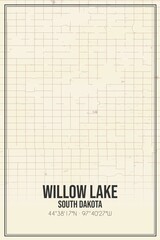 Retro US city map of Willow Lake, South Dakota. Vintage street map.