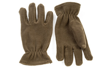 Tactical military fleece gloves, top view on white background