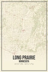 Retro US city map of Long Prairie, Minnesota. Vintage street map.