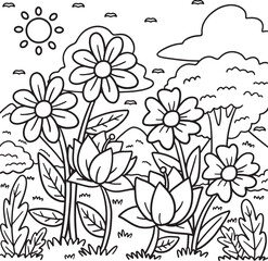 Spring Flowers In A field Coloring Page for Kids