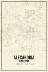 Retro US city map of Alexandria, Minnesota. Vintage street map.