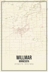 Retro US city map of Willmar, Minnesota. Vintage street map.