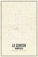 Retro US city map of Le Center, Minnesota. Vintage street map.