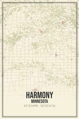Retro US city map of Harmony, Minnesota. Vintage street map.