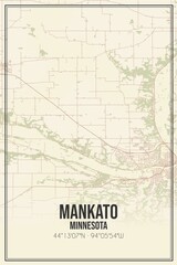 Retro US city map of Mankato, Minnesota. Vintage street map.