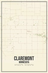 Retro US city map of Claremont, Minnesota. Vintage street map.
