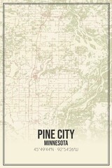 Retro US city map of Pine City, Minnesota. Vintage street map.