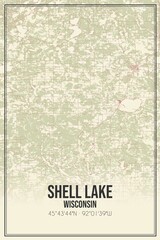 Retro US city map of Shell Lake, Wisconsin. Vintage street map.