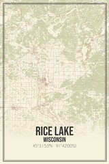 Retro US city map of Rice Lake, Wisconsin. Vintage street map.