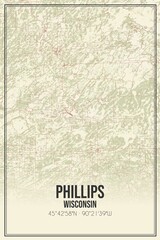 Retro US city map of Phillips, Wisconsin. Vintage street map.