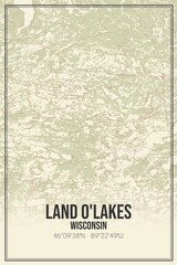 Retro US city map of Land O'Lakes, Wisconsin. Vintage street map.