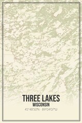 Retro US city map of Three Lakes, Wisconsin. Vintage street map.