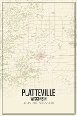Retro US city map of Platteville, Wisconsin. Vintage street map.