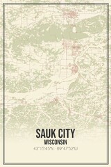 Retro US city map of Sauk City, Wisconsin. Vintage street map.