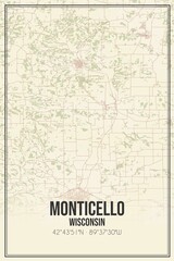 Retro US city map of Monticello, Wisconsin. Vintage street map.