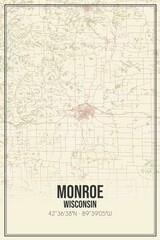 Retro US city map of Monroe, Wisconsin. Vintage street map.