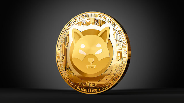 shib crypto, shiba inu token icon and sign on golden coin, 3d rendering on a black background