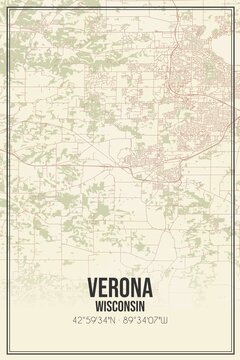 Retro US City Map Of Verona, Wisconsin. Vintage Street Map.