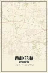 Retro US city map of Waukesha, Wisconsin. Vintage street map.