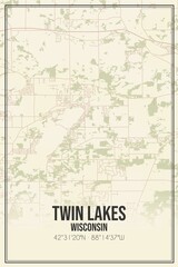 Retro US city map of Twin Lakes, Wisconsin. Vintage street map.