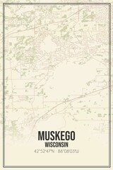 Retro US city map of Muskego, Wisconsin. Vintage street map.