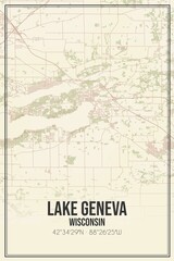 Retro US city map of Lake Geneva, Wisconsin. Vintage street map.