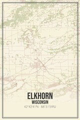 Retro US city map of Elkhorn, Wisconsin. Vintage street map.