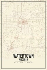 Retro US city map of Watertown, Wisconsin. Vintage street map.